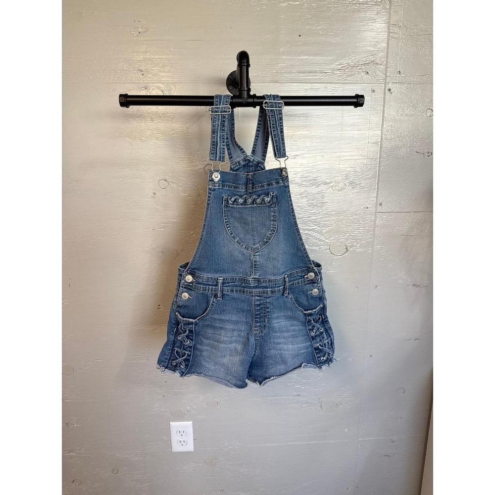 Jordache Girls Denim Shortalls Medium Wash Lace Up Sides Size XL 14/16
